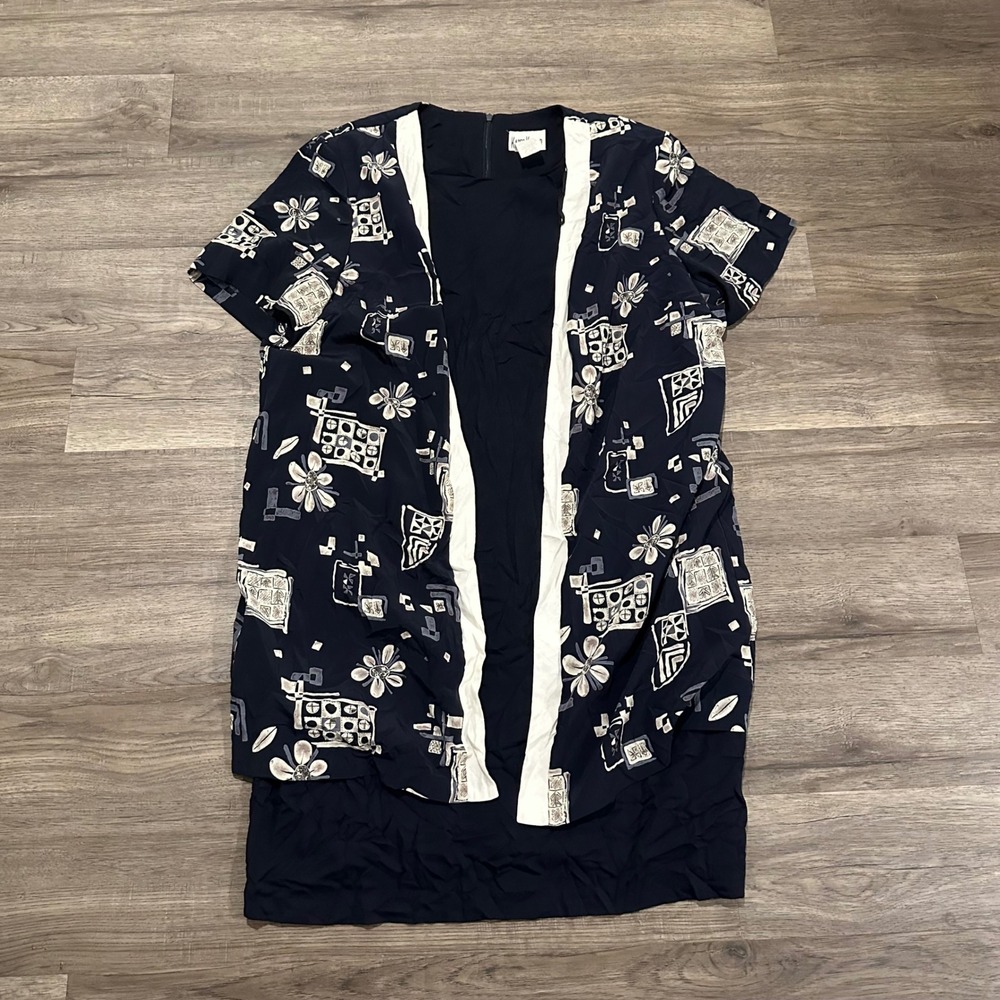 Vintage 90s Kari's Korner Plus Size 24 Mock Jacket Dress Navy Blue Floral USA